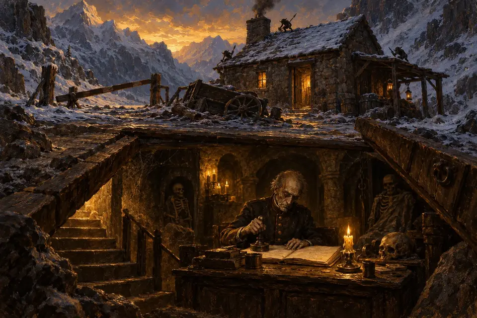 The Customs House of the Dead: an old clerk writing by candlelight in a vault under a snowy mountain house.