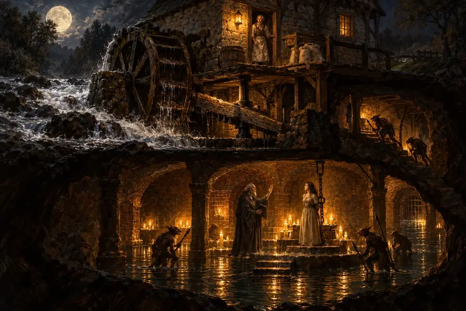 The Silent Mill: a water mill at night with a flooded, candle-lit cellar beneath it.