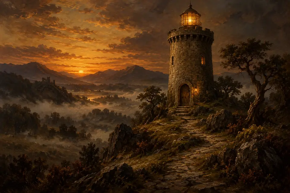 The tutorial: a lone stone tower with a lit lantern above misty hills at sunset.