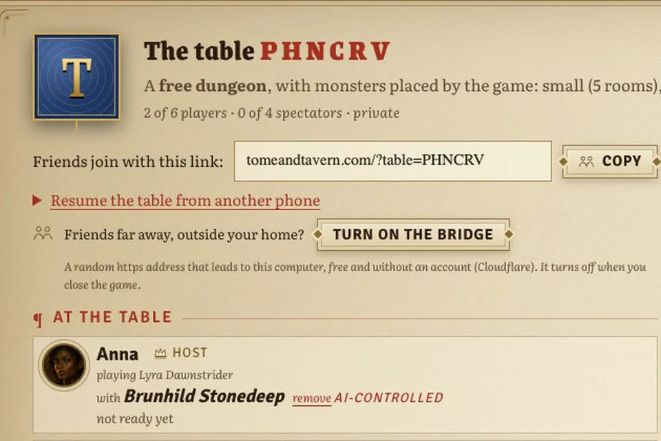 In the game: the table code, the link for friends, two players and two companions.