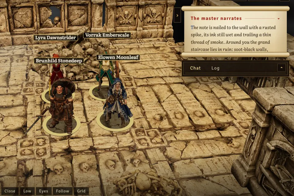 In the game: the AI GM narrates above four heroes on the 3D map.